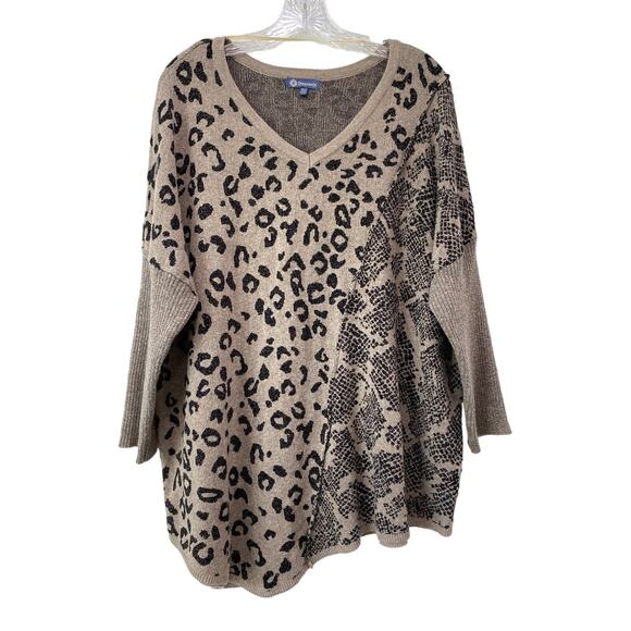 Democracy Asymmetric Hem Mixed Animal Print V-Neck Sweater Women's Size XL Taupe - Picture 2 of 9